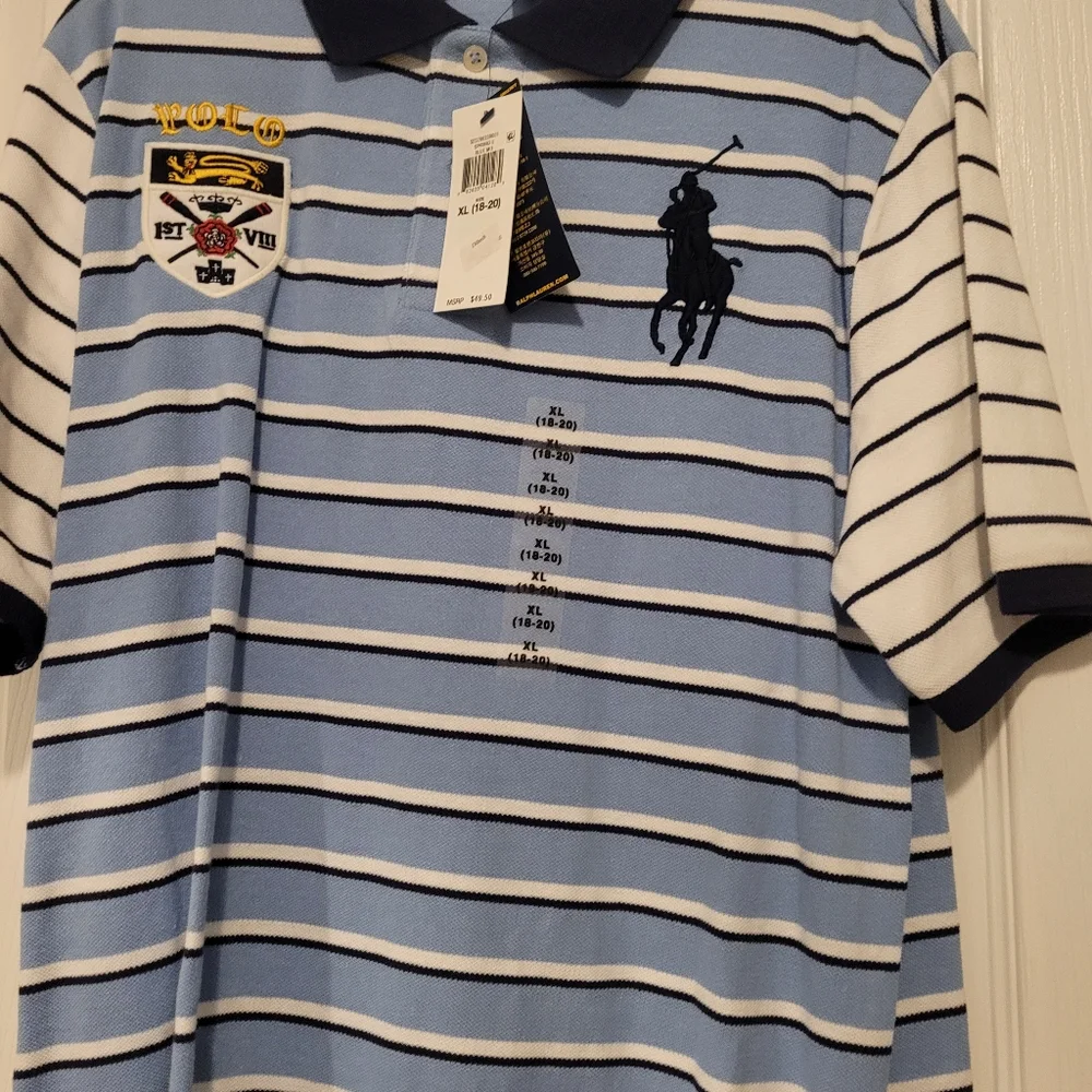 NWT- Polo Ralph Lauren Blue and White Striped Polo Shirt Boys Size 18-20 - Picture 2 of 9
